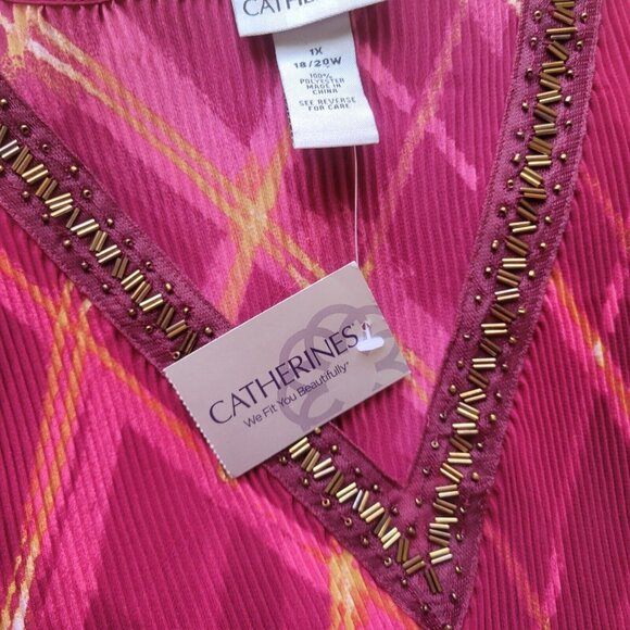 Catherines Womens Top 1X Tunic Bell Sleeve Red Pink Sheer Beaded GEO260E - Picture 10 of 11